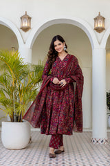 Ruhani Maroon Anarkali Suit Set with Mul Cotton Dupatta