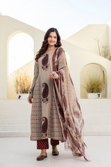 Saanvi Beige Paisley Print Suit Set with Elegant Chiffon Dupatta