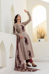 Saanvi Beige Paisley Print Suit Set with Elegant Chiffon Dupatta