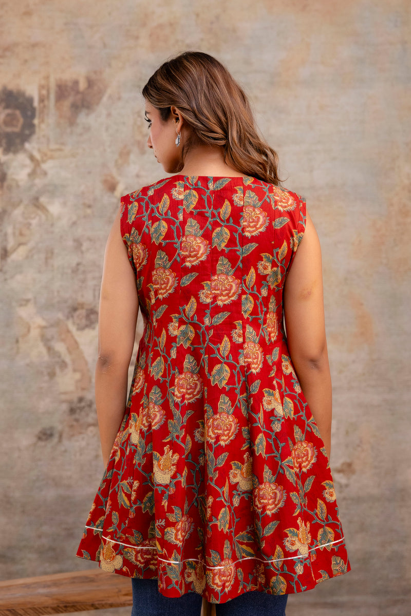 Suru Red Patch Work Cotton Short Kurti