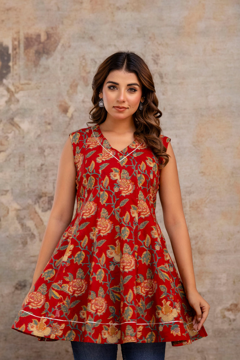 Suru Red Patch Work Cotton Short Kurti