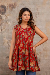 Suru Red Patch Work Cotton Short Kurti