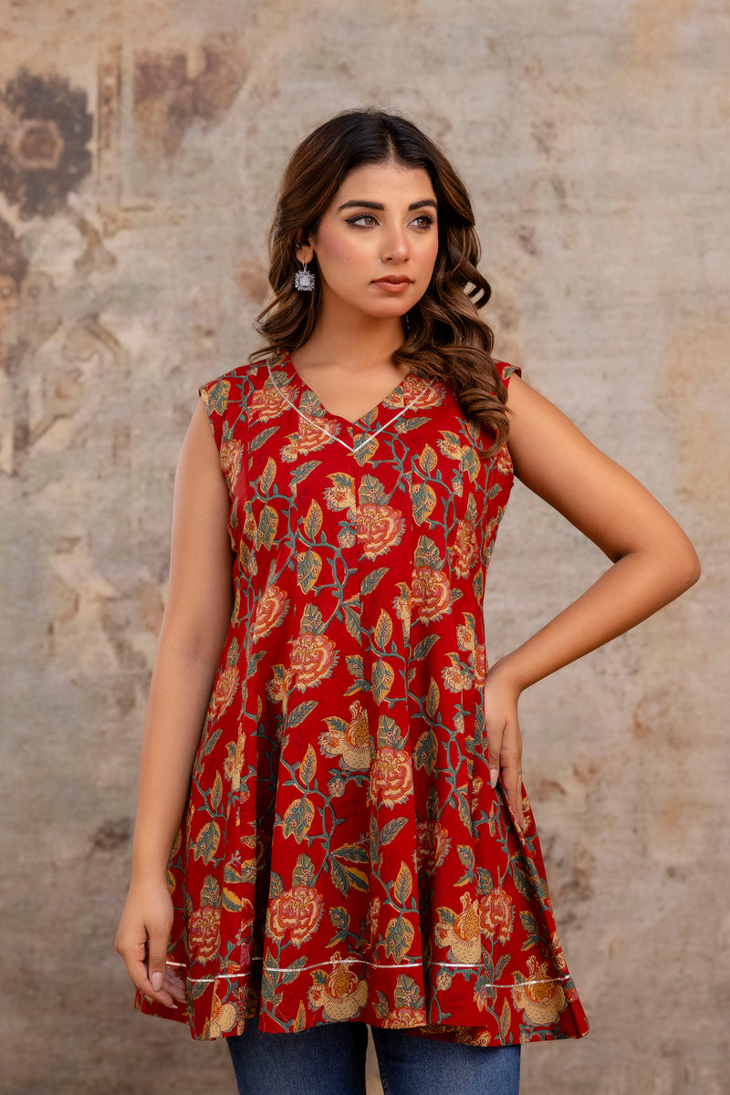 Suru Red Patch Work Cotton Short Kurti