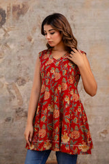 Suru Red Patch Work Cotton Short Kurti