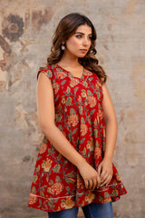 Suru Red Patch Work Cotton Short Kurti
