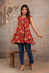Suru Red Patch Work Cotton Short Kurti
