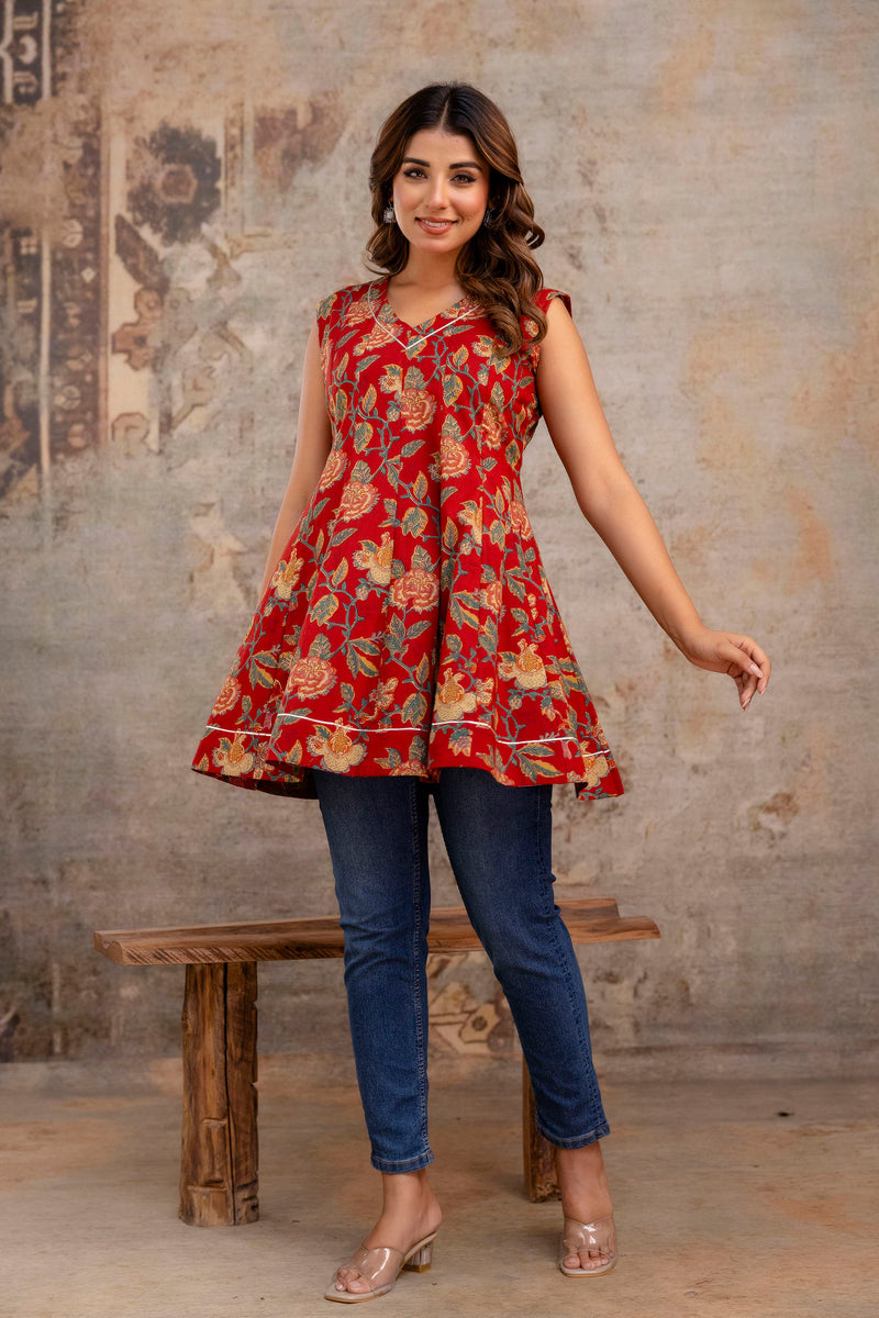 Suru Red Patch Work Cotton Short Kurti