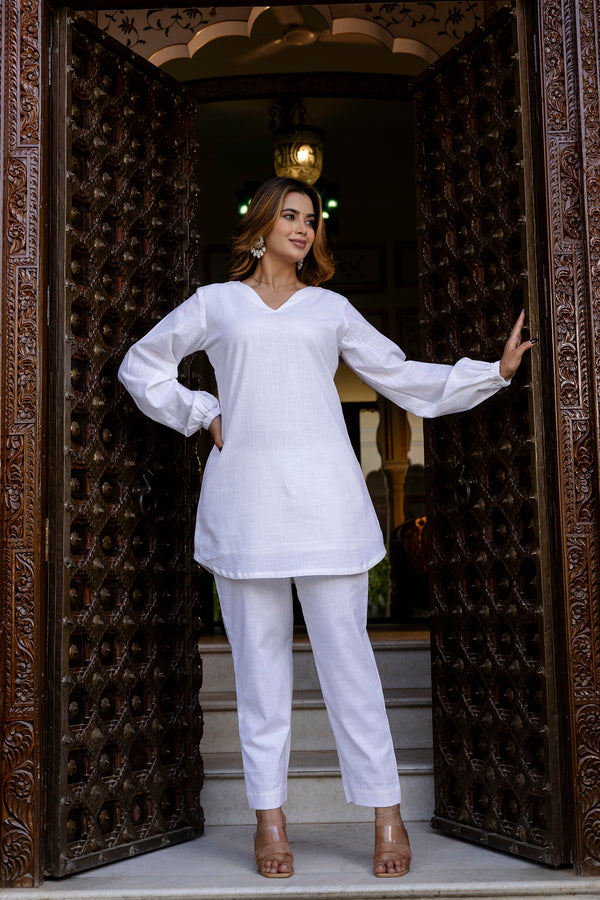 Bloom White V Neck Gauze Co-Ord Set