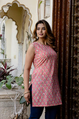 Peach Petal Handblock Printed Sleveless Stylish Cotton Short Kurta