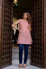Peach Petal Handblock Printed Sleveless Stylish Cotton Short Kurta