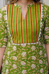 Hariyali Hues Green Cotton Printed Lace Detailing Yoke Cotton Kurta Pant Set
