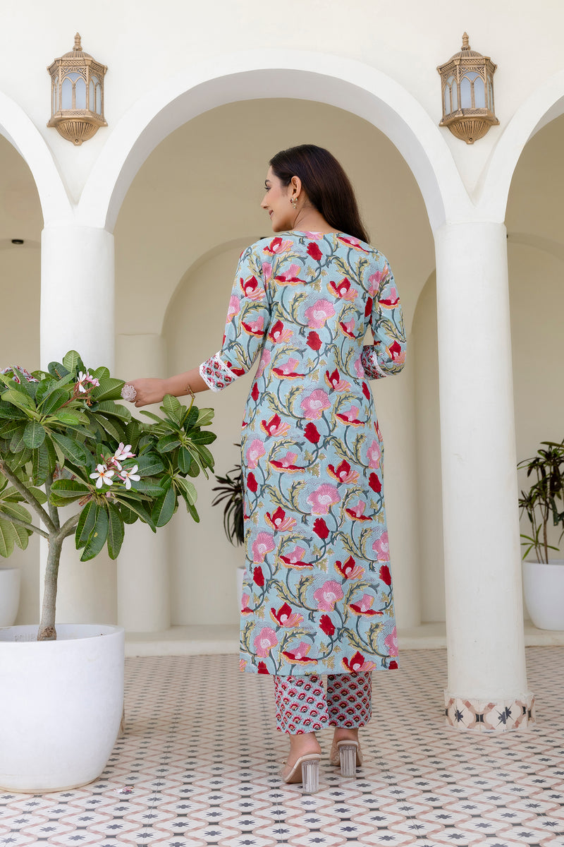 Gauri green handblock printed Cotton Lace detailing suit set with chanderi dupatta