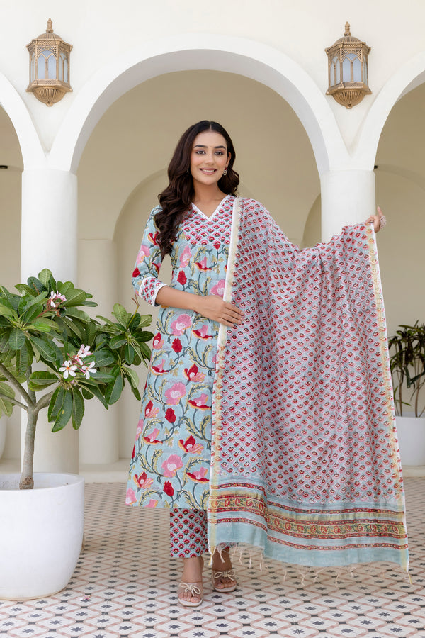 Gauri green handblock printed Cotton Lace detailing suit set with chanderi dupatta