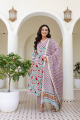 Gauri green handblock printed Cotton Lace detailing suit set with chanderi dupatta