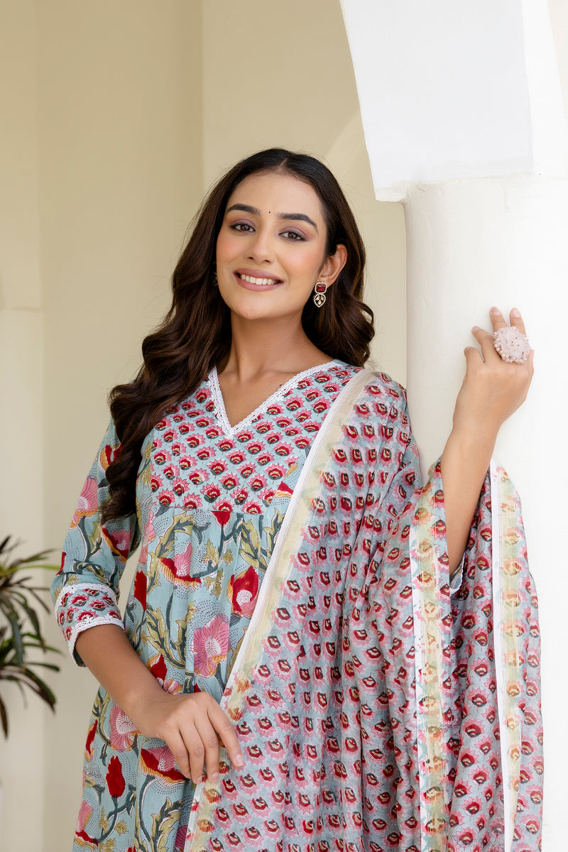 Gauri green handblock printed Cotton Lace detailing suit set with chanderi dupatta