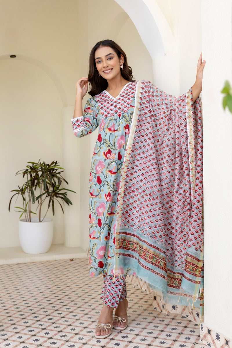 Gauri green handblock printed Cotton Lace detailing suit set with chanderi dupatta