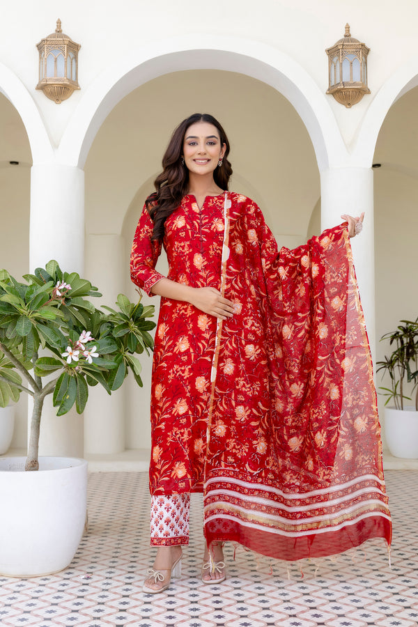 Rumi red chanderi straight suit set with chanderi dupatta