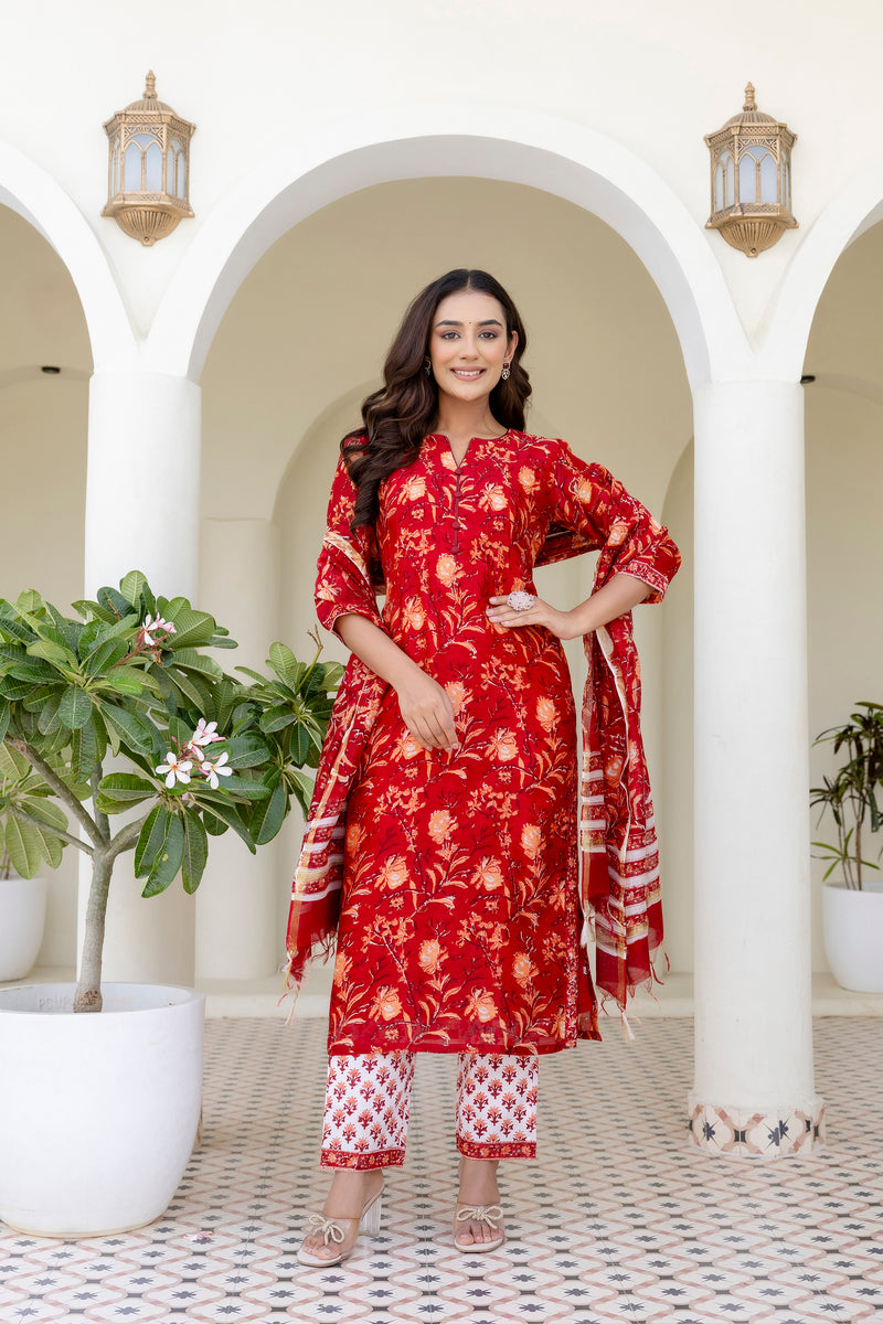 Rumi red chanderi straight suit set with chanderi dupatta