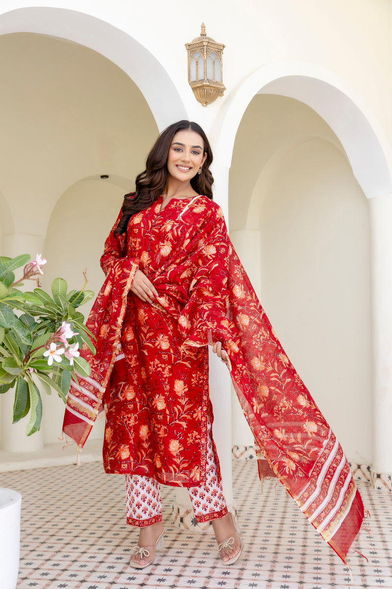 Rumi red chanderi straight suit set with chanderi dupatta