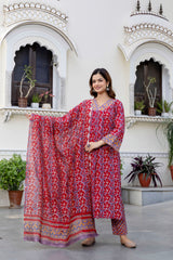 Isha Pure Handblock Suit Set with Chanderi Silk Dupatta(Plus Size)