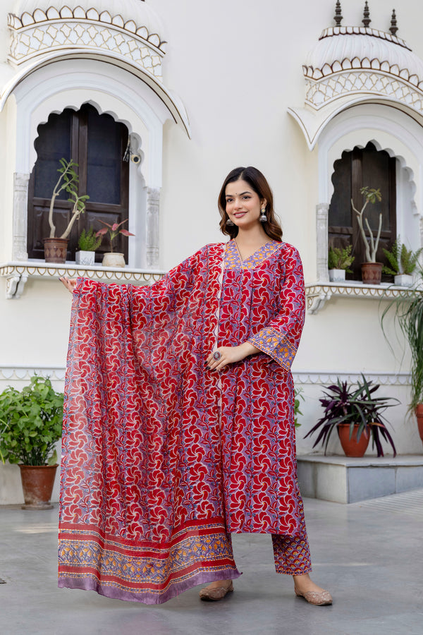 Isha Pure Handblock Suit Set with Chanderi Silk Dupatta(Plus Size)