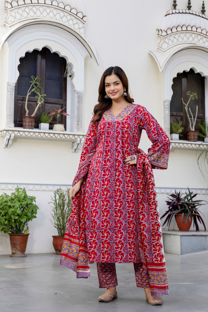 Isha Pure Handblock Suit Set with Chanderi Silk Dupatta