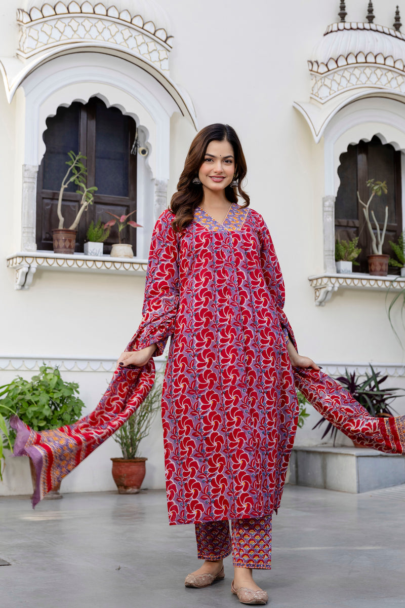 Isha Pure Handblock Suit Set with Chanderi Silk Dupatta