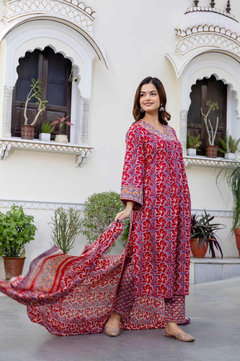 Isha Pure Handblock Suit Set with Chanderi Silk Dupatta