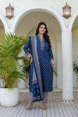 Mehrbano Indigo Grace Printed Cotton Suit Set with Cotton Dupatta