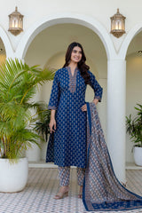 Mehrbano Indigo Grace Printed Cotton Suit Set with Cotton Dupatta