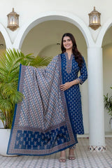 Anishika Indigo Heritage Cotton Suit Set With Cotton Dupatta