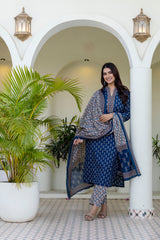 Mehrbano Indigo Grace Printed Cotton Suit Set with Cotton Dupatta