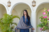 Mehrbano Indigo Grace Printed Cotton Suit Set with Cotton Dupatta