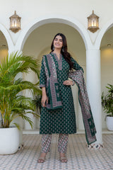 Zareen Mehfil Emerald Printed Cotton Suit Set with Cotton Dupatta