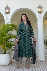 Zareen Mehfil Emerald Printed Cotton Suit Set with Cotton Dupatta