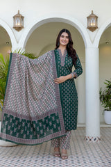 Zareen Mehfil Emerald Printed Cotton Suit Set with Cotton Dupatta