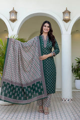 Vasundhara Emerald Heritage Cotton Suit Set With Cotton Dupatta