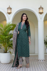 Zareen Mehfil Emerald Printed Cotton Suit Set with Cotton Dupatta