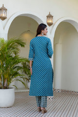 AarohiTeal Heritage Print Suit Set with Mul Cotton Dupatta