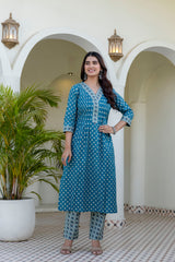 Aarohi Teal Heritage Print Cotton Kurta Pant only