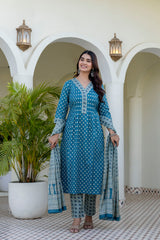 AarohiTeal Heritage Print Suit Set with Mul Cotton Dupatta