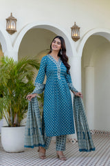 AarohiTeal Heritage Print Suit Set with Mul Cotton Dupatta