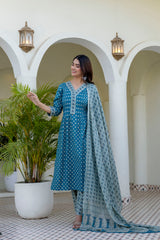 AarohiTeal Heritage Print Suit Set with Mul Cotton Dupatta