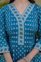 AarohiTeal Heritage Print Suit Set with Mul Cotton Dupatta
