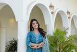 AarohiTeal Heritage Print Suit Set with Mul Cotton Dupatta