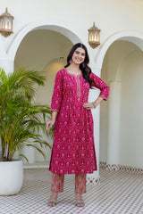 Zarika Rani Pink Floral Print Cotton Kurta Pant Only