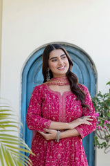 Zarika Rani Pink Floral Print Suit Set With Chiffon Cotton Dupatta