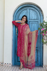 Zarika Rani Pink Floral Print Suit Set With Chiffon Cotton Dupatta