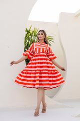 Salsa stripes orange printed cotton dress