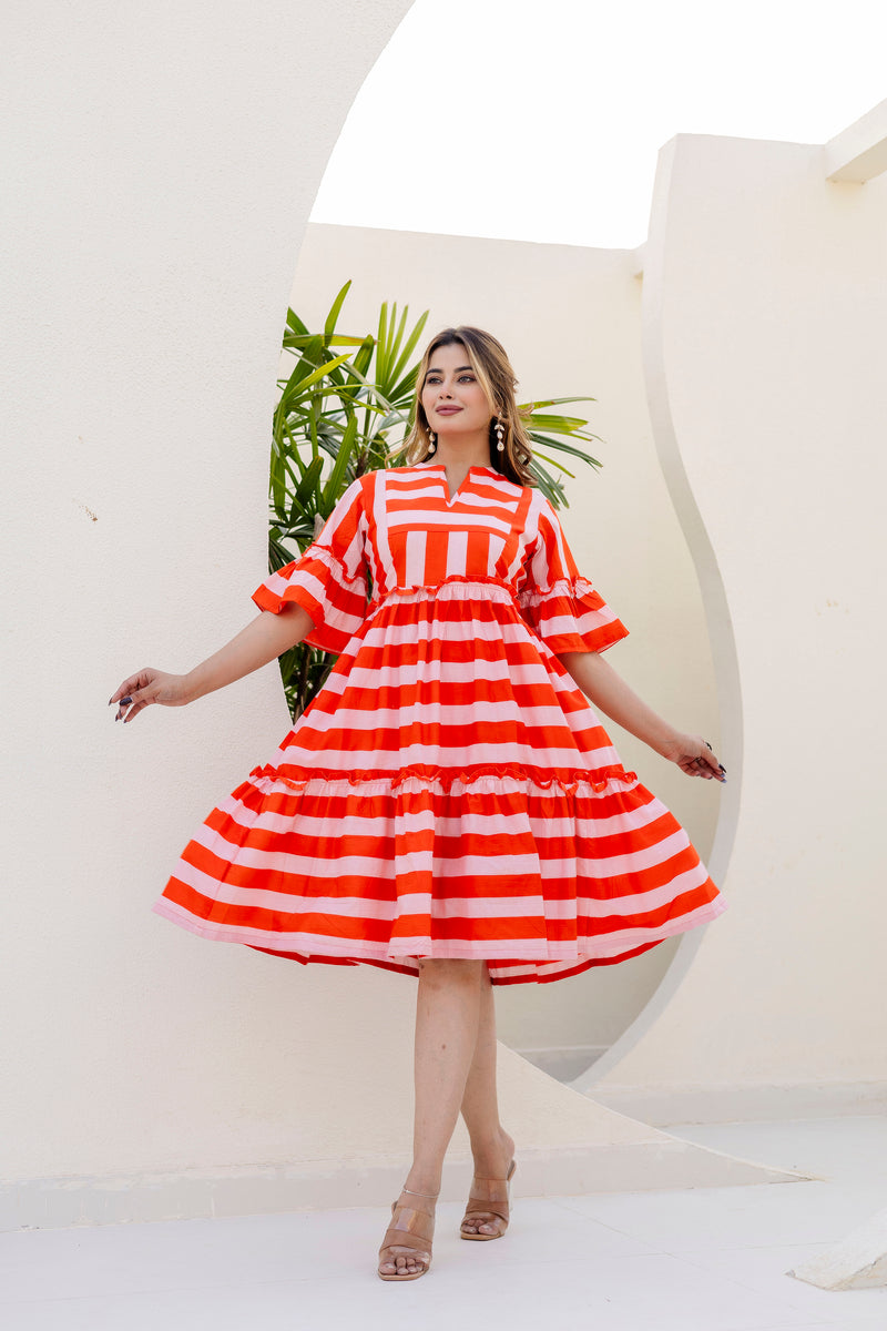 Salsa stripes orange printed cotton dress